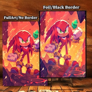 May include: Two art prints featuring a red character with green eyes and a determined expression, holding a green gem. The prints are labeled "FullArt/No Border" and "Foil/Black Border". The background is a fiery orange and red.