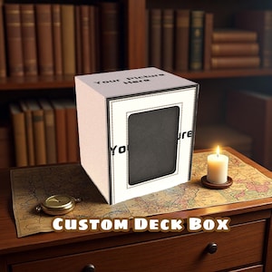 Puede incluir: Una caja de cubierta personalizada con un marco blanco y un interior negro. La caja tiene el texto "Your Picture Here" y "You re". Una vela encendida y una brújula están sobre un mapa en una mesa de madera.