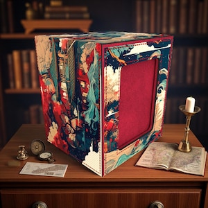 May include: A decorative box with a vibrant, artistic design featuring red, blue, and beige tones. The box has a red interior and is placed on a wooden surface with a candle and a map. The box's exterior showcases a detailed, colorful illustration.