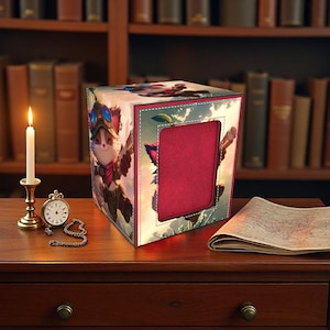 Puede incluir: Una caja decorativa con interior rojo y exterior colorido con un personaje de dibujos animados con gafas. Una vela encendida, un reloj de bolsillo y un mapa descansan sobre una mesa de madera frente a una estantería.