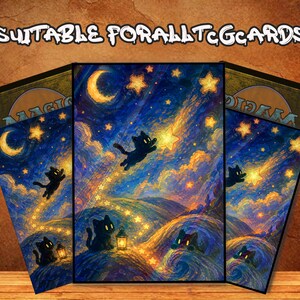 May include: Three rectangular card sleeves featuring a starry night sky illustration with black cats, glowing yellow stars, a crescent moon, and lanterns. The text SUITABLE FOR ALL TCG CARDS is printed in white at the top of the image against a brown background.