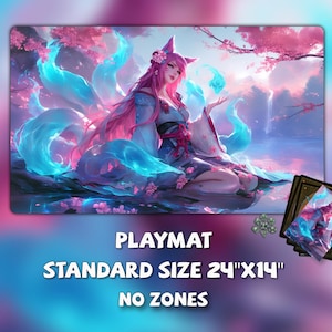 May include: Playmat with a fantasy illustration of a woman with pink hair and fox ears, surrounded by blue and pink ethereal elements. The playmat is standard size, 24" x 14", with no zones.
