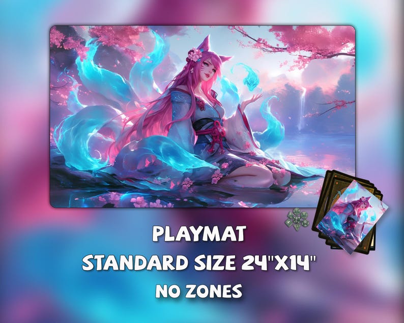 May include: Playmat with a fantasy illustration of a woman with pink hair and fox ears, surrounded by blue and pink ethereal elements. The playmat is standard size, 24" x 14", with no zones.
