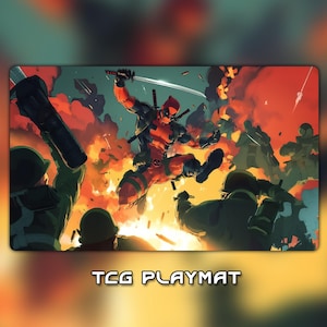 May include: A rectangular TCG playmat featuring a dynamic illustration of a comic book character in a red and black suit, wielding a sword amidst an action-packed battle scene with explosions and soldiers. The text "TCG PLAYMAT" is at the bottom.