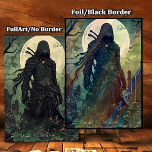 May include: Two fantasy art prints are displayed, one with a black border and one without. Both feature a cloaked figure with swords, standing before a full moon. The artwork has a dark, gothic theme with a graveyard setting and colorful accents.