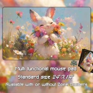 Bunny with Flowers playmat, Trading Card Games, Custom Game Mat With Zones, 24&quot;X14&quot;（350*600mm) Custom Playmat