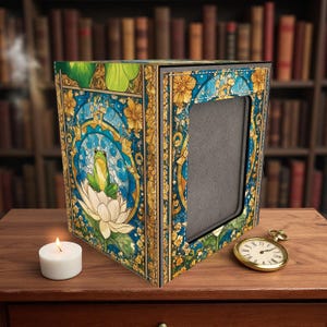 May include: A decorative box with a stained-glass design featuring a frog on a lily pad, with blue, gold, and green accents. A lit white candle and a gold pocket watch sit on a wooden surface next to the box. The box has a rectangular opening.