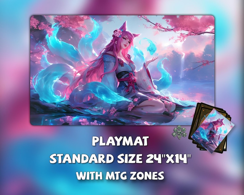 May include: A playmat with a fantasy illustration of a woman with pink hair and fox ears, surrounded by blue and pink glowing effects. The playmat is standard size, 24" x 14", with MTG zones.