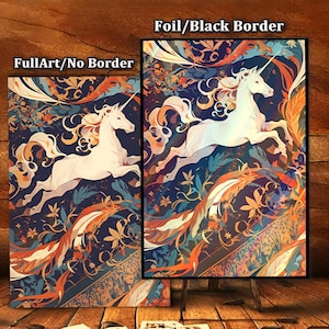 May include: Two art prints featuring a white unicorn leaping across a colorful, abstract background. One print has a black border, the other does not. The background includes shades of blue, orange, and gold. The prints are displayed on easels.