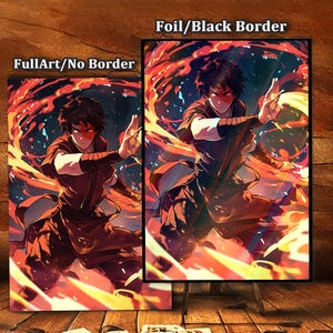 Peut inclure: Deux impressions d'art encadrées représentant un personnage dans une pose dynamique, entouré d'éléments orange et rouges flamboyants. Une impression a une bordure noire, l'autre non. Les impressions sont exposées sur une surface en bois.