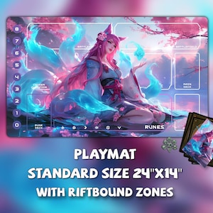 May include: A playmat with a fantasy art design. The mat features a pink-haired character with blue accents, surrounded by a cherry blossom theme. The playmat is standard size, measuring 24" x 14".