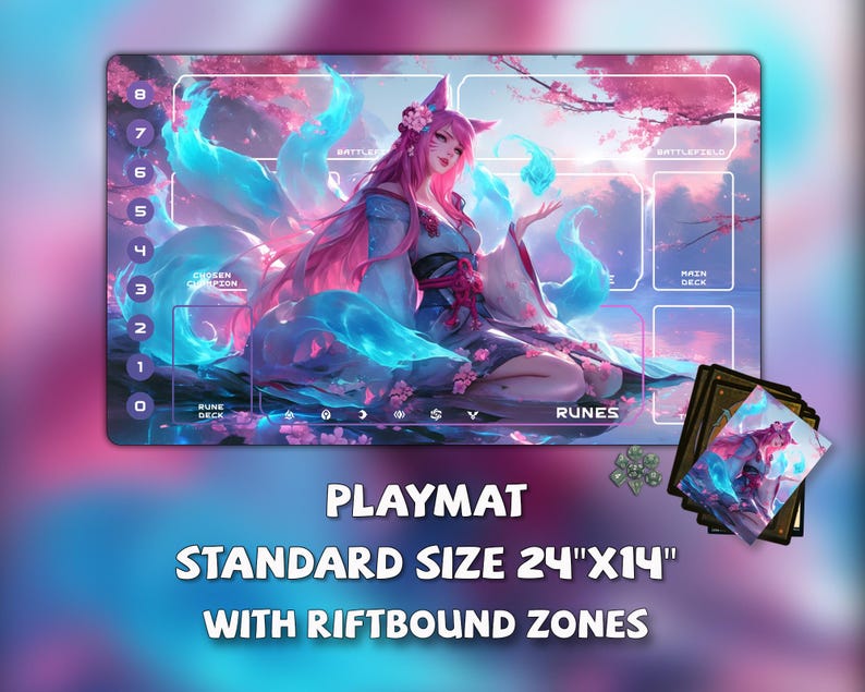 May include: A playmat with a fantasy art design. The mat features a pink-haired character with blue accents, surrounded by a cherry blossom theme. The playmat is standard size, measuring 24" x 14".