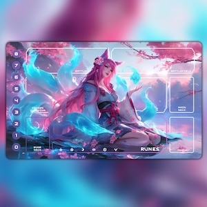 May include: A rectangular playmat featuring a fantasy illustration of a woman with pink hair and fox ears, surrounded by blue and pink glowing effects. The mat has labeled zones for a card game, with the word "RUNES" visible.