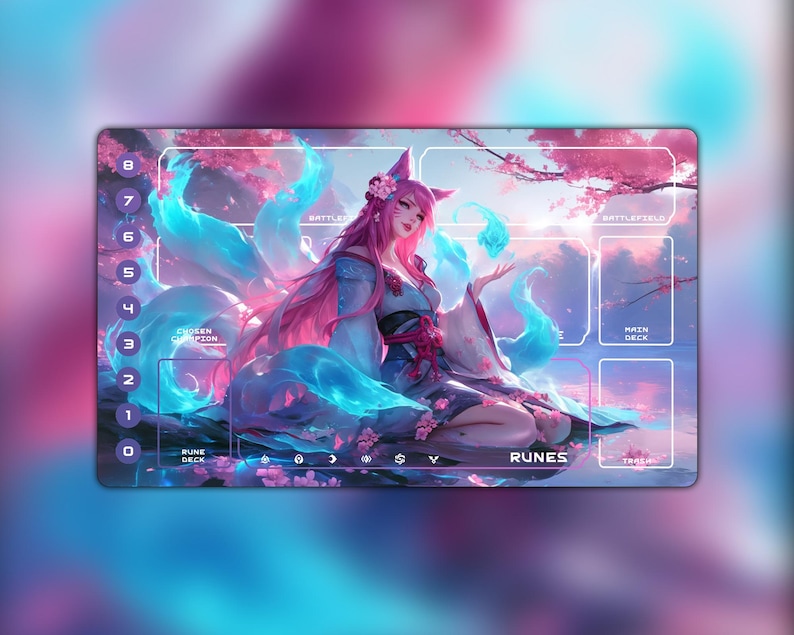 May include: A rectangular playmat featuring a fantasy illustration of a woman with pink hair and fox ears, surrounded by blue and pink glowing effects. The mat has labeled zones for a card game, with the word "RUNES" visible.