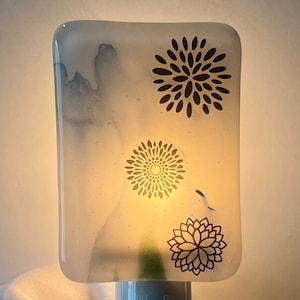 Glass Night Light, White, Blue and Green Swirled Fused Glass with Black Floral Decals, Handmade Home and Living