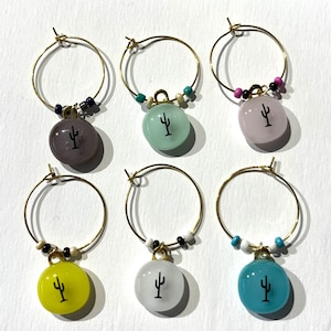 Handmade Wine Glass Charm Set, Multi-colored Fused Glass with Black Cactus Decal, Set of 6 Wine Glass Markers, Hostess Gift