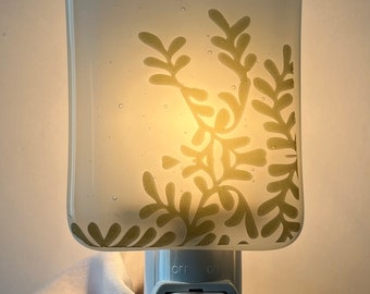 White Fused Glass Night Light with Tan Foliage Decal, Handmade Home and Living, Home Decor