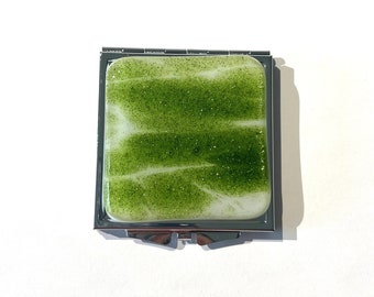 Double Mirror Compact, Sparkly Green and White Streaked Fused Glass, Handmade Purse Accessories, Pocket Mirror