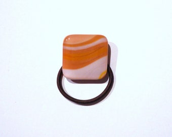 Ponytail Holder, Orange and White Swirled Fused Glass, Handmade Hair Accessories, Square Flat Glass Hair Tie