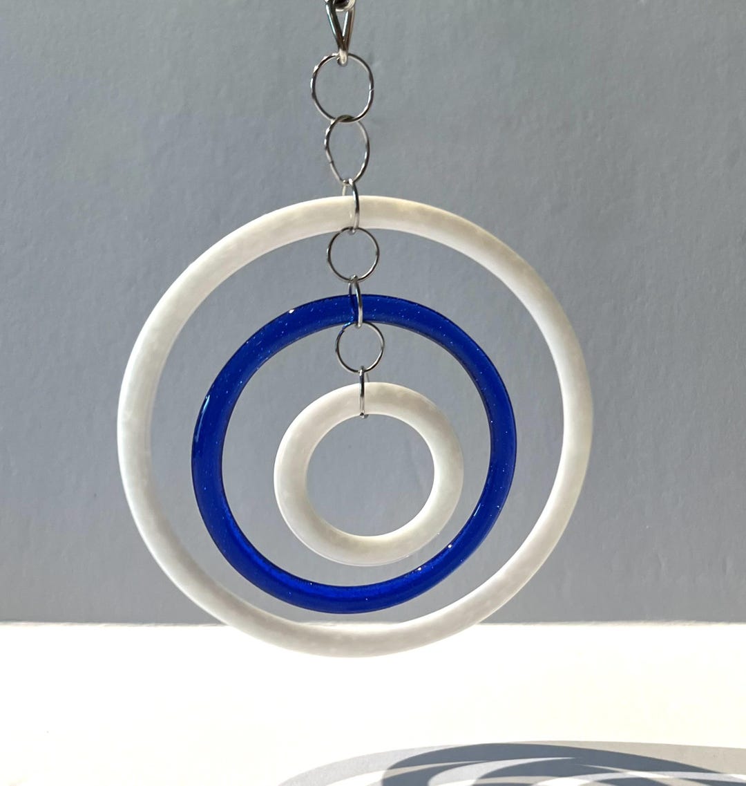 Fused Glass Mobile/spinner, White and Blue Concentric Rings, Handmade ...