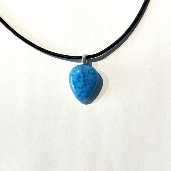 Fused Glass Necklace, Blue Crushed Glass Pendant, Handmade Necklace, Fashion Jewelry, Upside-down Teardrop