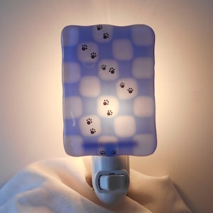 Walking Pawprint Night Light, White and Blue Fused Glass with Black Paw Print Decals, Handmade Home Decor