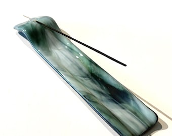Glass Incense Holder, Green, Black and White Swirled Fused Glass, Home and Living, Glass Incense Burner/Ash Catcher