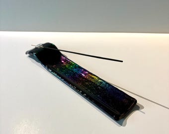 Black Rainbow Iridescent Fused Glass Incense Holder, Ash Catcher Home Décor