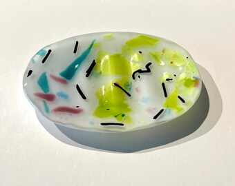 Glass Soap Dish, White and Multicolored Fused Glass, Handmade Home and Living, Bathroom or Kitchen Décor