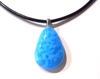 Fused Glass Necklace, Blue Crushed Glass Pendant, Handmade Necklace, Fashion Jewelry