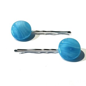 Glass Bobby Pin Set, Blue and White Swirled Fused Glass, Handmade Hair Accessories, Glass Hair Pin Set