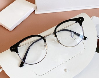 Metal half-frame flat glasses, personalized no-makeup anti-blue light and anti-radiation glasses, eye protection myopia glasses frames