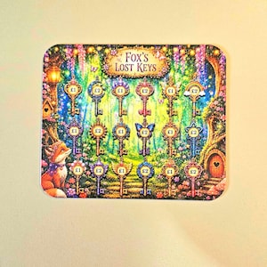May include: A rectangular game board titled Fox's Lost Keys featuring a colourful forest scene with a fox on the left and a tree house on the right. The board displays eighteen ornate keys arranged in three rows, each marked with a £1 or £2 symbol.