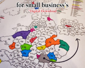 May include: A map of the United Kingdom with different colored regions representing postcodes. The map is labeled "UK Postcode Tracker for small business's *Digital Download*"