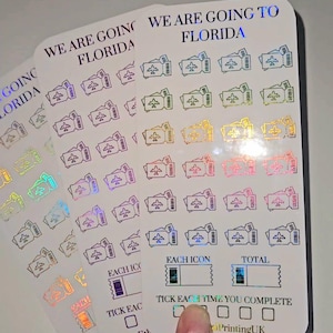 May include: Three white sticker sheets with holographic airplane ticket designs. Each sheet has the text "We are going to Florida" and includes a section to track progress with the text "Tick each time you complete".