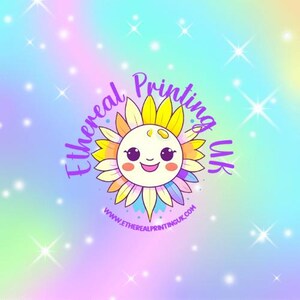 May include: A colourful logo for a business called "Ethereal Printing UK". The logo features a cartoon sun with a smiling face and a rainbow-coloured flower.