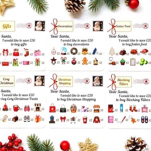 May include: Six white rectangular cards titled Dear Santa, each featuring a postage stamp with Santa Claus, a red string bow, and various colourful Christmas-themed icons. Each card lists items to save £20 for, including gifts, decorations, festive food, treats, shopping, and stocking fillers.