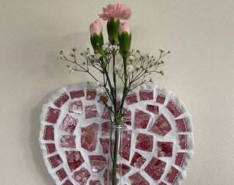 Pretty pink floral plate mosaic heart and vase