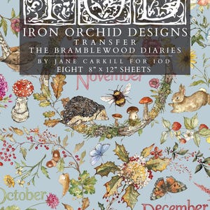 May include: A set of eight 8" x 12" sheets of Iron Orchid Designs transfer titled The Bramblewood Diaries by Jane Carkill. The light blue background features watercolor illustrations of woodland animals, mushrooms, flowers, and seasonal text.