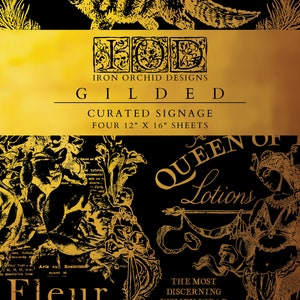 May include: Four 12x16 inch sheets of gold-toned paper with vintage-style illustrations and text. The text includes "Queen of Lotions", "The Most Discerning Women Wear Queen of The Nile Products. Do Not Accept", and "Fleur."