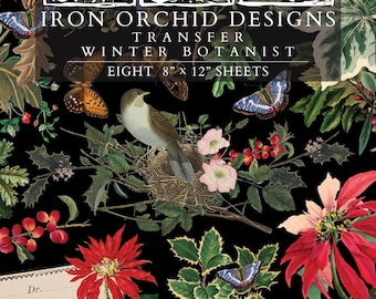 2025 IOD Winter Botanist Transfer Pad with (8) 8 x 12 Sheets, Iron Orchid Designs Rub-On Furniture Transfer Decal Christmas Botanicals