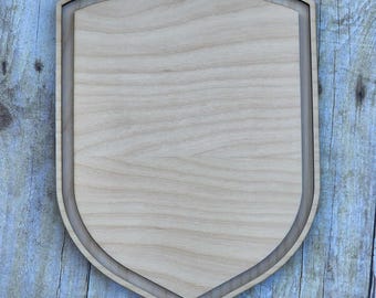 Marco de madera con forma de escudo y incrustaciones, en capas, Purebond de abedul, madera maciza, 23 x 30 cm, decoración, adorno para pared, cortado a láser