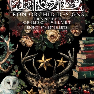 Puede incluir: Hojas de transferencia Iron Orchid Designs en terciopelo carmesí. La imagen presenta una cabeza de ciervo con cuernos, un búho blanco, acebo, estrellas y una pila de libros. El texto en la imagen dice "Iron Orchid Designs Transfer Crimson Velvet Eight 8" x 12" Sheets".