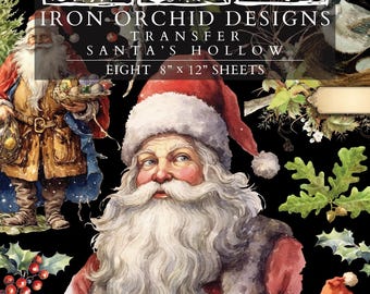 2025 IOD Santa's Hollow Transfer Pad with (8) 8 x 12 Sheets, Iron Orchid Designs Rub-On Furniture Transfer Decal Christmas Botanicals, holly
