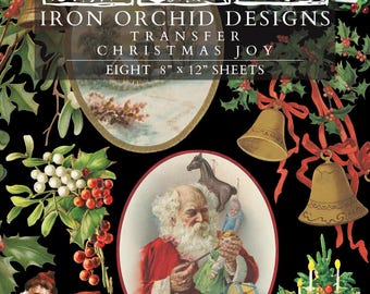 2025 IOD Christmas Joy Transfer Pad with (8) 8 x 12 Sheets, Iron Orchid Designs Rub-On Furniture Transfer Decal Christmas Vintage, Santa