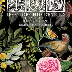 May include: Black background with a floral and animal design. The image features a parrot, monkey, butterfly, and pink flower. Text reads "Iron Orchid Designs Transfer Bungalow" and "Eight 30.5cm x 40.6cm Sheets."