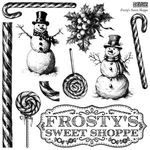 May include: Black and white illustration of a snowman, candy canes, lollipops, holly, and a sign that says "Frosty's Sweet Shoppe".