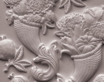 IOD Cornucopias Mould • Iron Orchid Designs • 6×10 Harvest Cornucopia & Autumn Botanical Mould • Ships in 1–2 Days