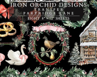 2025 IOD Partridge Lane Transfer Pad with (8) 8 x 12 Sheets, Iron Orchid Designs Rub-On Furniture Transfer Decal 12 Days of Christmas