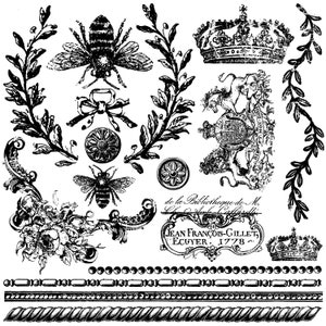 May include: Black and white vintage style graphic design elements with bees, crowns, floral wreaths, and ornate borders. The text reads "de la Bibliotheque de M. et Charles Castellani, JEAN FRANÇOIS-GILLET, ECUYER. 1778."
